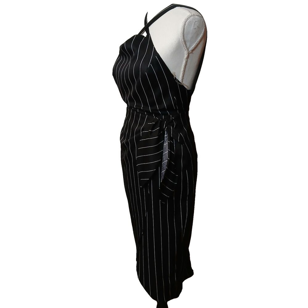 Lush Black White Pinstripe Open Back Criss Cross Shoulder Cutout Party Dress Med - Picture 4 of 13
